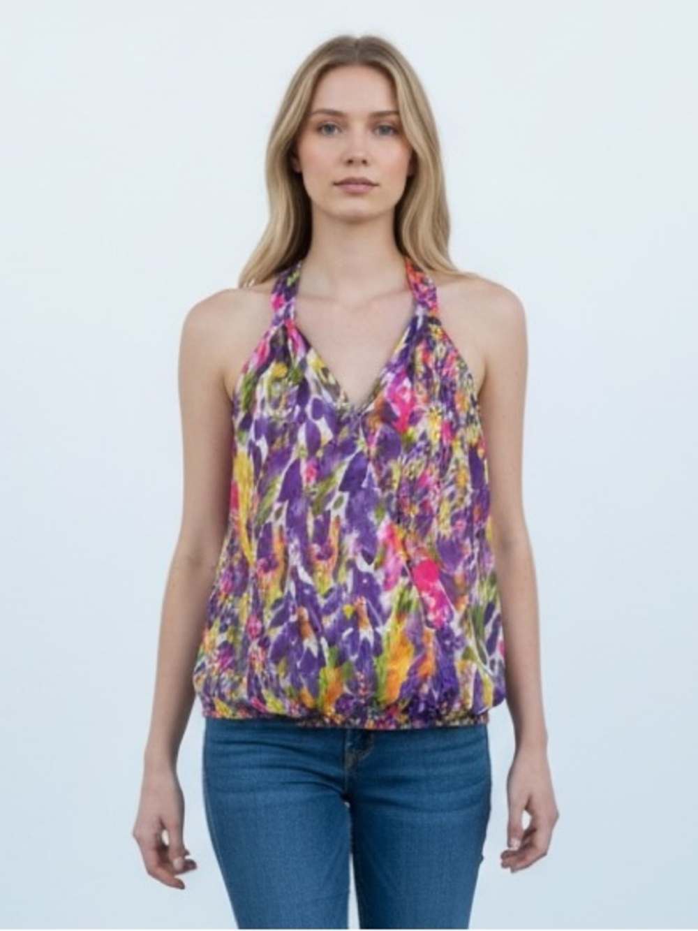 CAbi #730 Multicolor Floral V-Neck Sleeveless Camisole — Purple, Pink, Yellow M